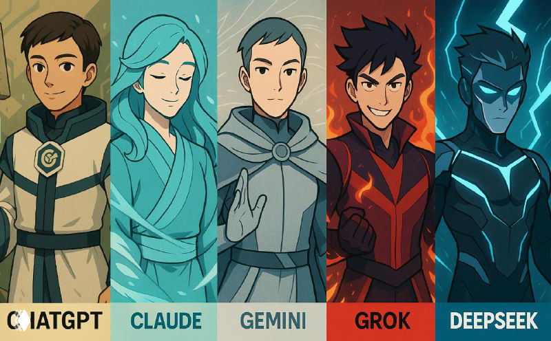 Иллюстрация: пять стилизованных персонажей в духе «Аватара», символизирующие ChatGPT, Claude, Gemini, Grok и DeepSeek, каждый в своём цвете и стиле.