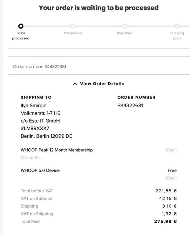 Скриншот страницы с деталями заказа: номер заказа, адрес доставки в Берлине, перечень позиций (WHOOP 5.0 Device и подписка), итоговая сумма и НДС.