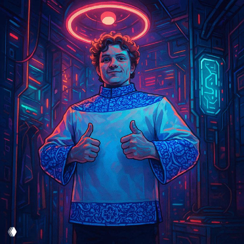 Неоновый стилизованный портрет мужчины в декоративной русской рубахе, улыбающийся и показывающий оба большого пальца вверх на фоне футуристического интерьера, художественная обработка.