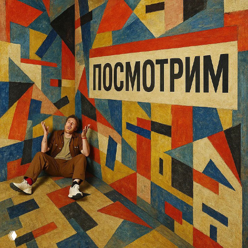 Мужчина сидит на полу в яркой геометрической комнате; на стене крупная надпись «ПОСМОТРИМ», иллюстрация анекдота.