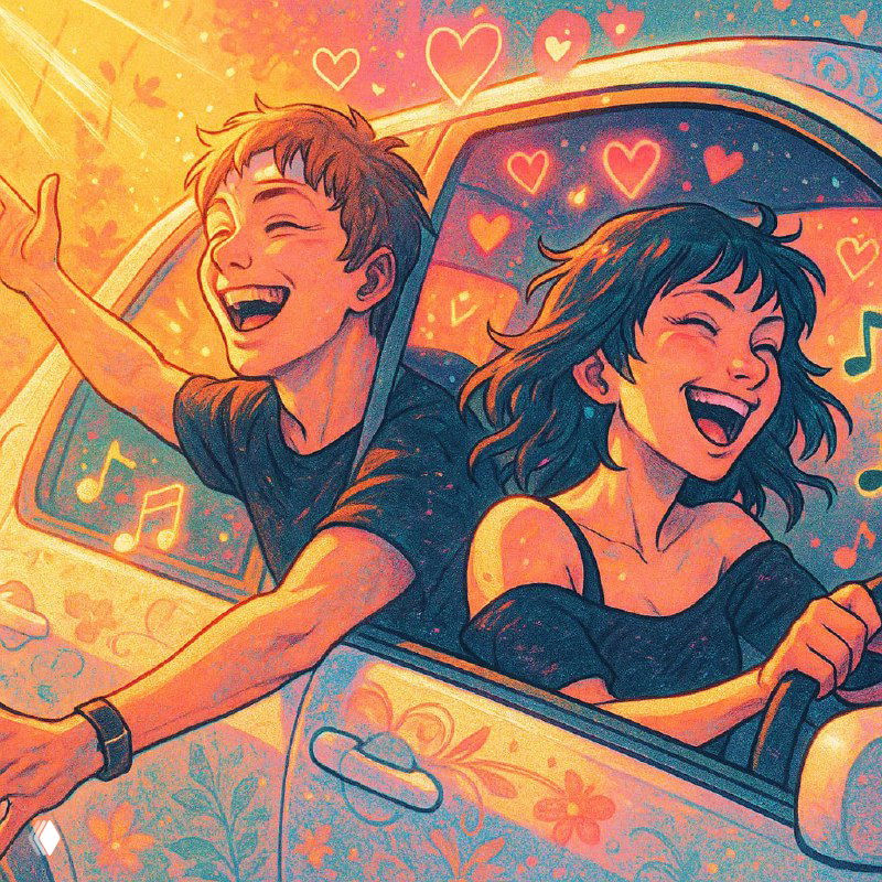 Иллюстрированная сцена: молодая пара смеётся в машине на солнечной дороге, вокруг сердечки и тёплые летние тона, настроение свободы и радости.