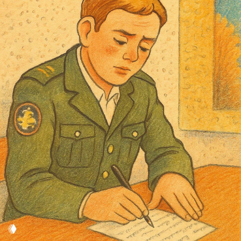 Иллюстрация молодого солдата за столом в форменной куртке, пишущего письмо; задумчивый взгляд, видна эмблема на рукаве.
