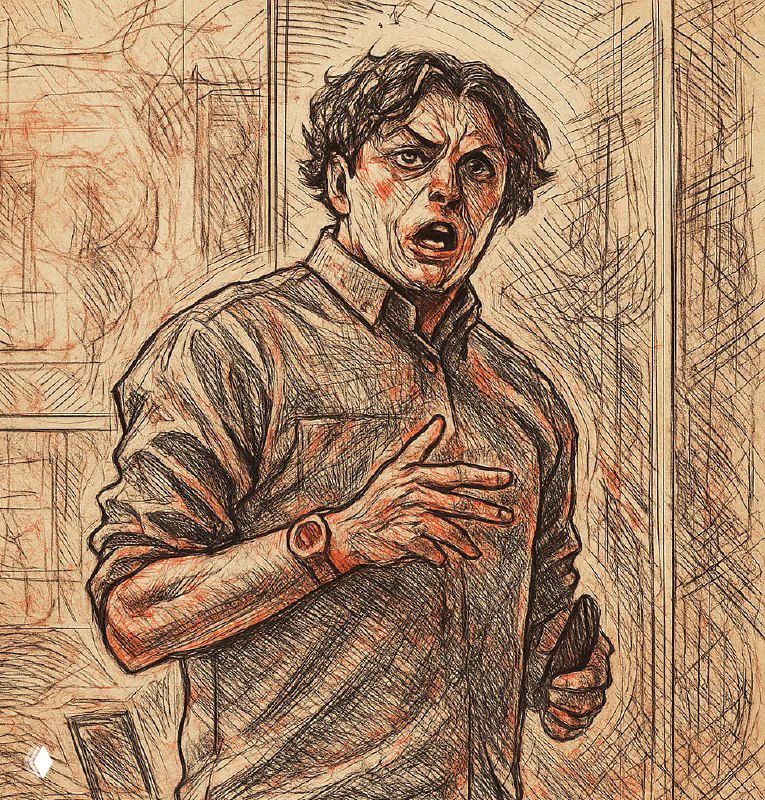 Эскизный рисунок мужчины в движении, с выразительным эмоциональным лицом, одет в рубашку, интерьерный фон, штриховая художественная техника