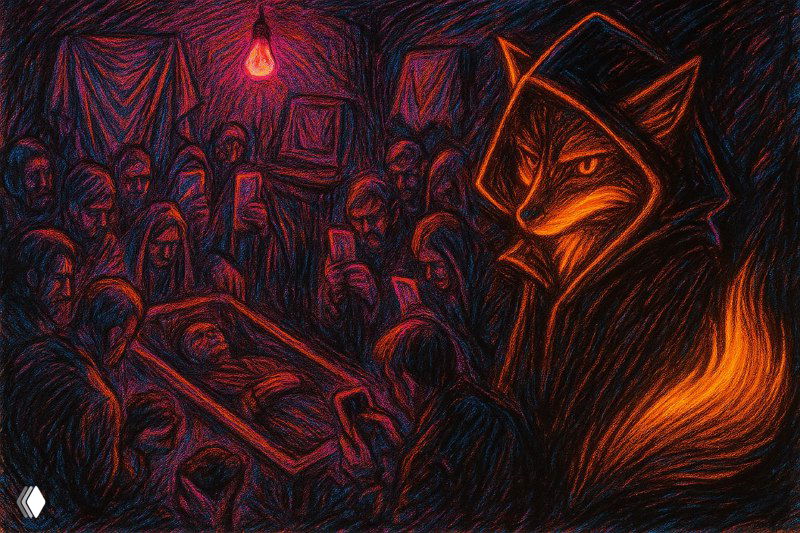 Стилизованная тёмно-красная иллюстрация: лис в капюшоне стоит у закрытого гроба в окружении людей при тусклом свете лампы