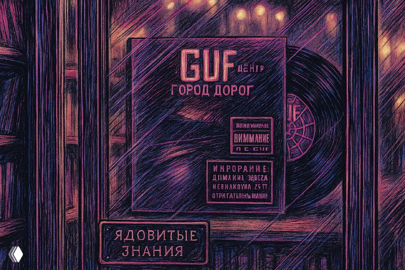 Стилизованная обложка пластинки: тёмно-фиолетовая графика с надписью «GUF. Город дорог», винил и абстрактные дорожные мотивы в ретро-стиле, атмосферно.