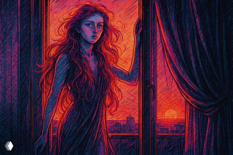 Иллюстрация: рыжая девушка стоит в проёме балконной двери на фоне закатного неба, драматическое освещение и выражение лица на грани мечты и грусти.
