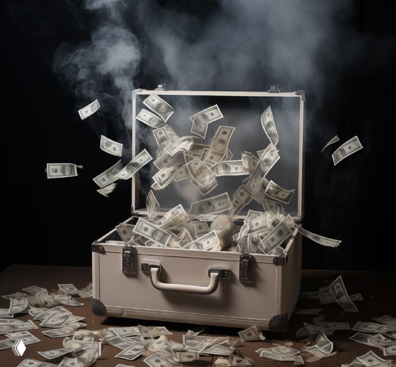 Чемодан, из которого разлетаются купюры долларов на тёмном фоне с дымом — метафора утечки денег из воронок и настроек.