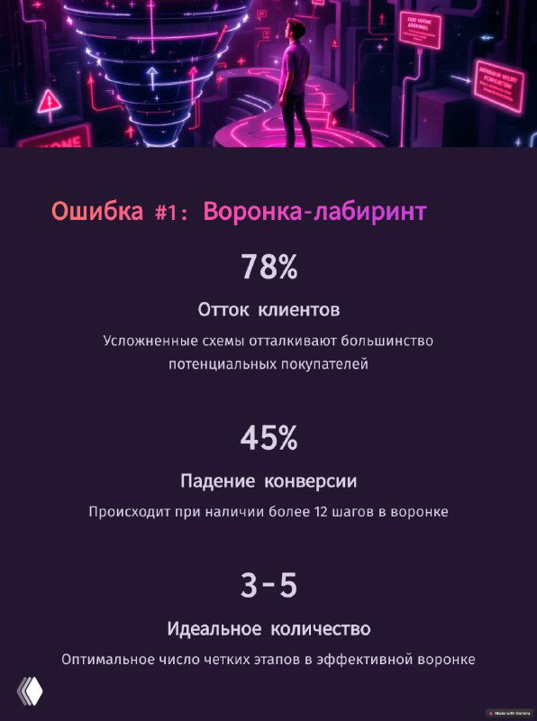 Инфографика «Ошибка #1: Воронка-лабиринт» с процентами оттока и падения конверсии, визуализированная в фиолетовой палитре и блоках с метриками