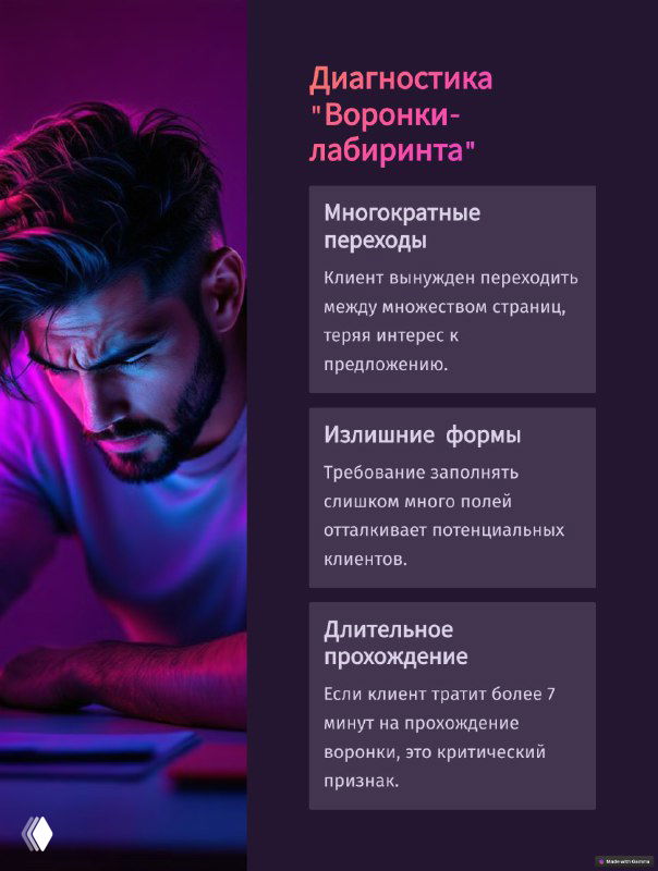 Портрет мужчины в неоновом освещении рядом с блоком «Диагностика Воронки-лабиринта», перечисляющим многократные переходы и излишние формы