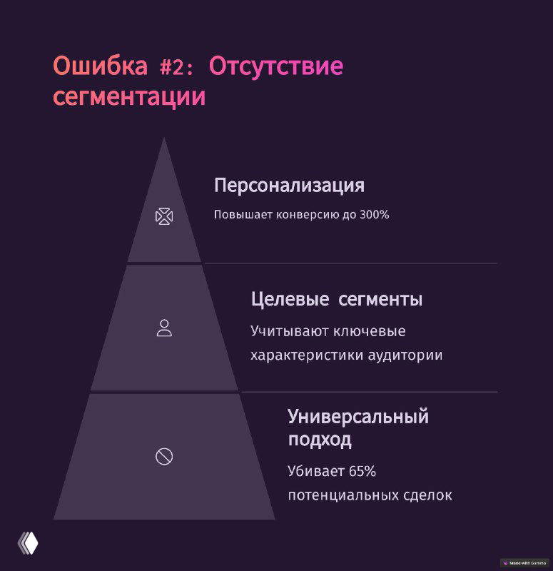 Схема пирамиды персонализации с уровнями: персонализация, целевые сегменты и универсальный подход, иллюстрирующая ошибку отсутствия сегментации