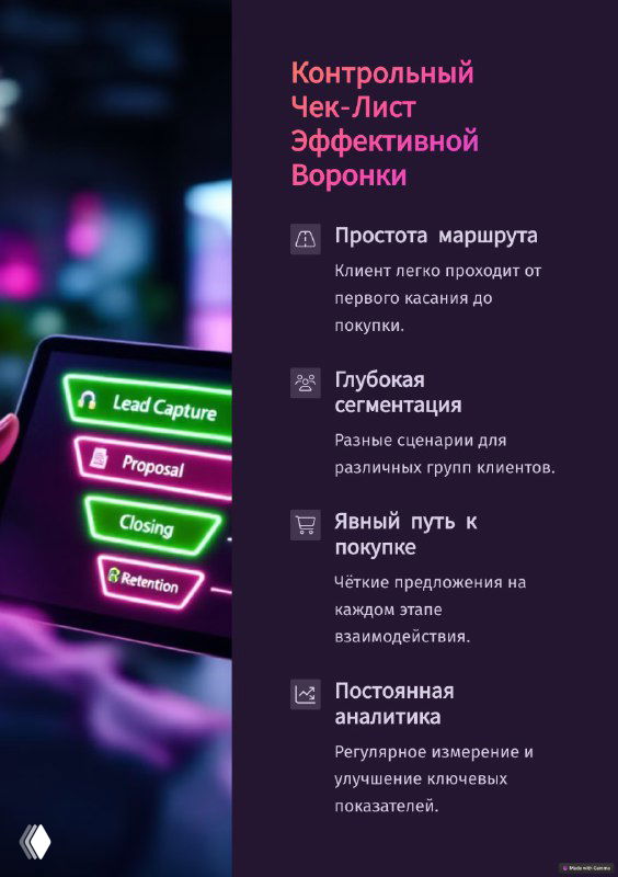 Контрольный чек-лист эффективной воронки: простота маршрута, глубокая сегментация, явный путь к покупке и постоянная аналитика, оформленный списком