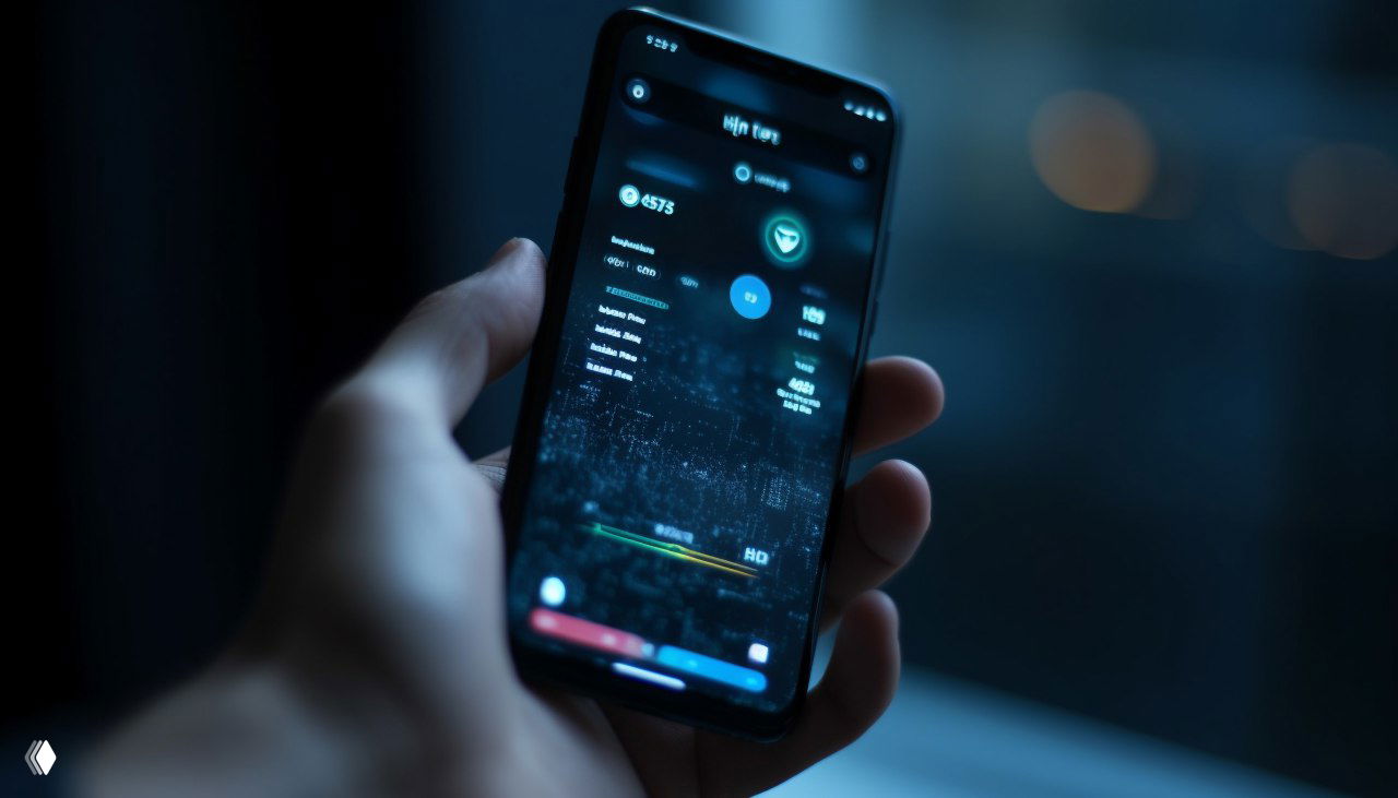 Человек держит смартфон в руке; тёмный размытный интерфейс на экране и холодный фон — иллюстрация работы с приложениями и продвижения каналов.