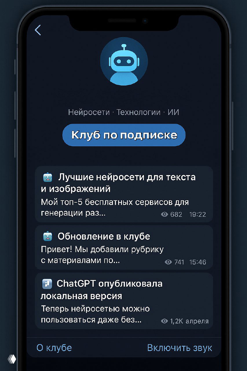 Скриншот интерфейса клуба в Telegram на смартфоне: тёмная тема, карточки постов о нейросетях, кнопка «Клуб по подписке» и навигация по каналу.
