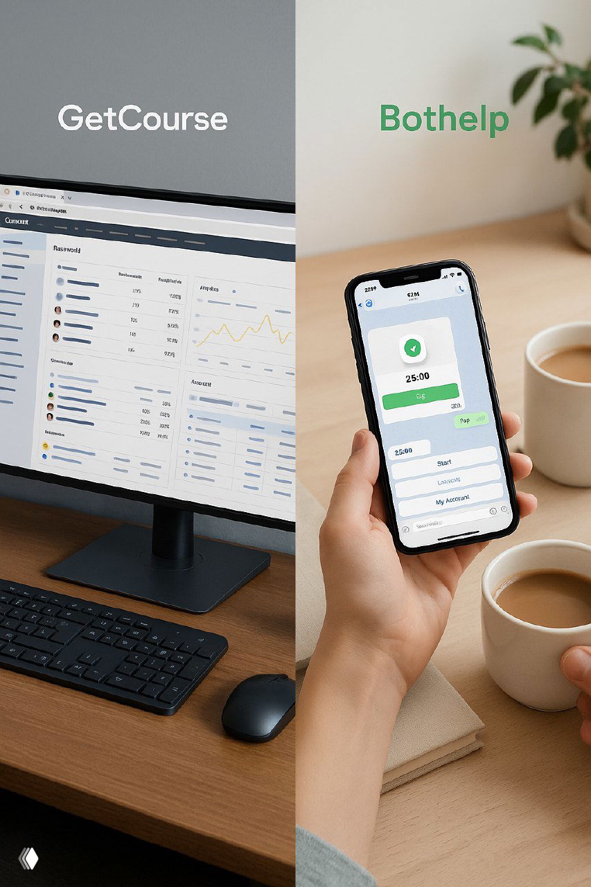 Разрезное фото: слева монитор с дашбордом GetCourse, справа рука держит смартфон с открытым чат‑ботом Bothelp на столе с чашкой кофе.