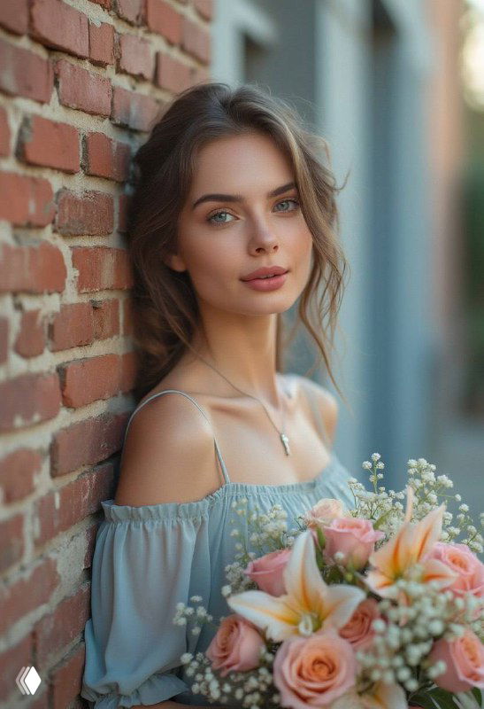 Портрет молодой женщины у кирпичной стены с букетом роз, мягкое боке, естественный образ и лёгкий макияж — нейрофотосессия в стиле lifestyle.