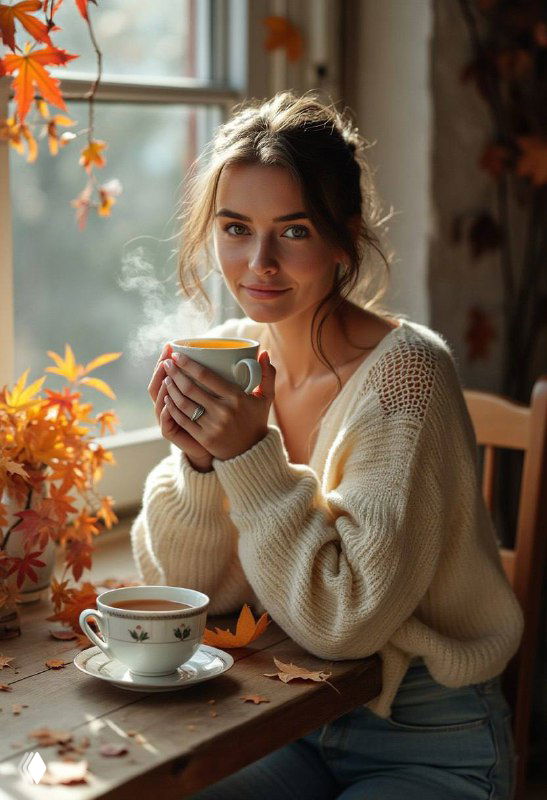 Уютный интерьерный кадр: женщина с чашкой чая у окна, осенний свет и листва — тёплый lifestyle-образ, созданный нейросетью.