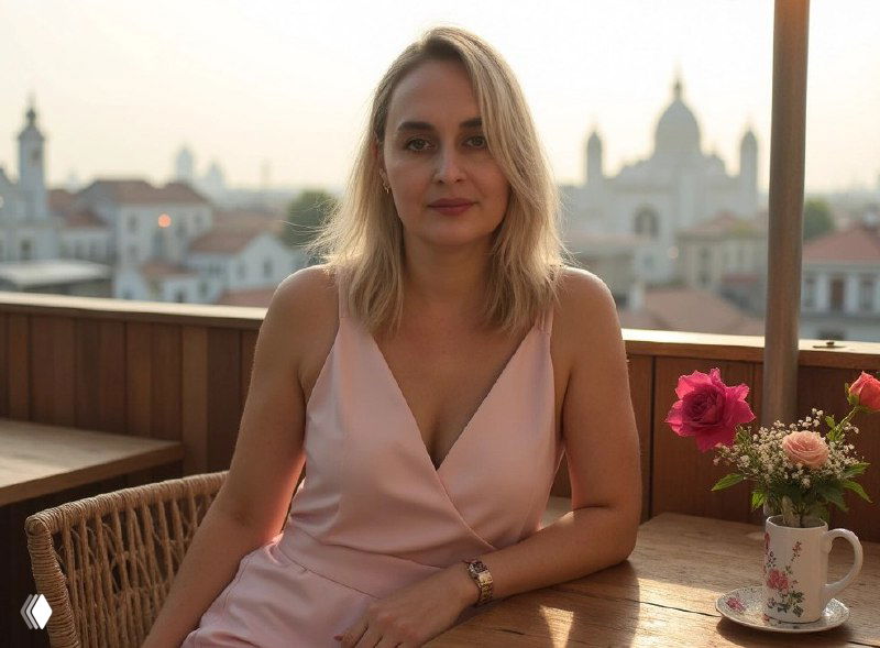 Женщина в светлом платье сидит на террасе с видом на город; на столе — букет роз, тёплое вечернее освещение и нейтральный фон.