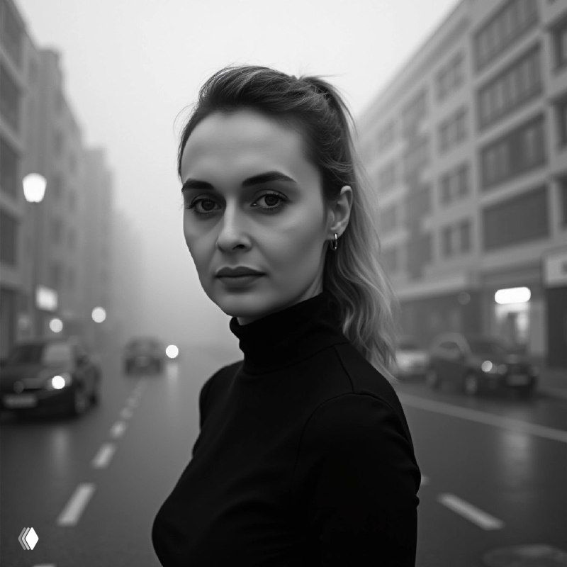 Черно‑белый портрет женщины на городской улице в тумане; размытый городской фон с автомобилями и домами, иллюстрация к статье о техошибках при запуске.