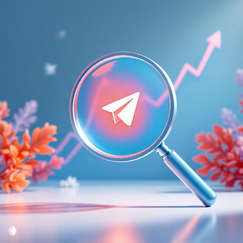 Иллюстрация: увеличительное стекло фокусирует логотип Telegram на фоне растущего графика и декоративных элементов — символ анализа и роста канала.