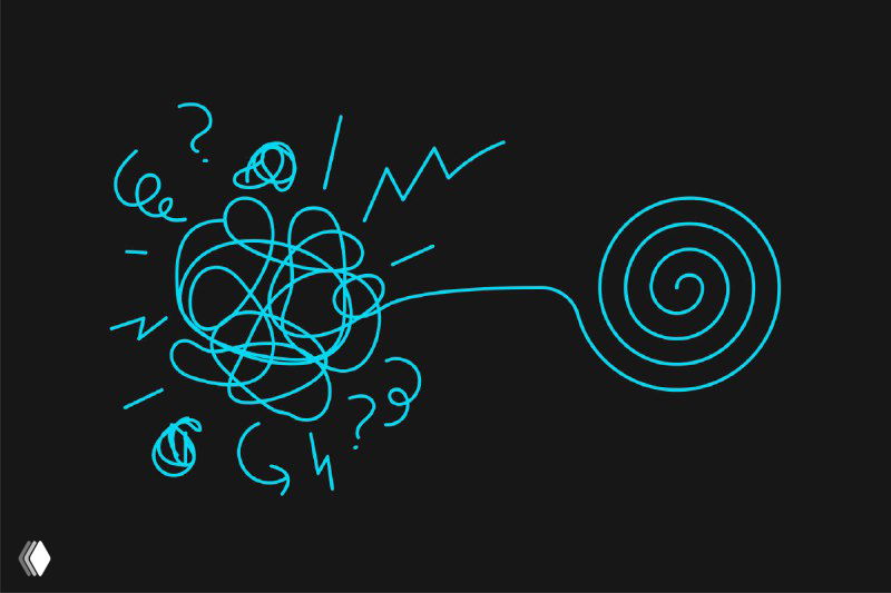 Абстрактная иллюстрация: бирюзовый клубок линий, символ хаоса, плавно переходит в аккуратную спираль на тёмном фоне, метафора порядка из рутины.