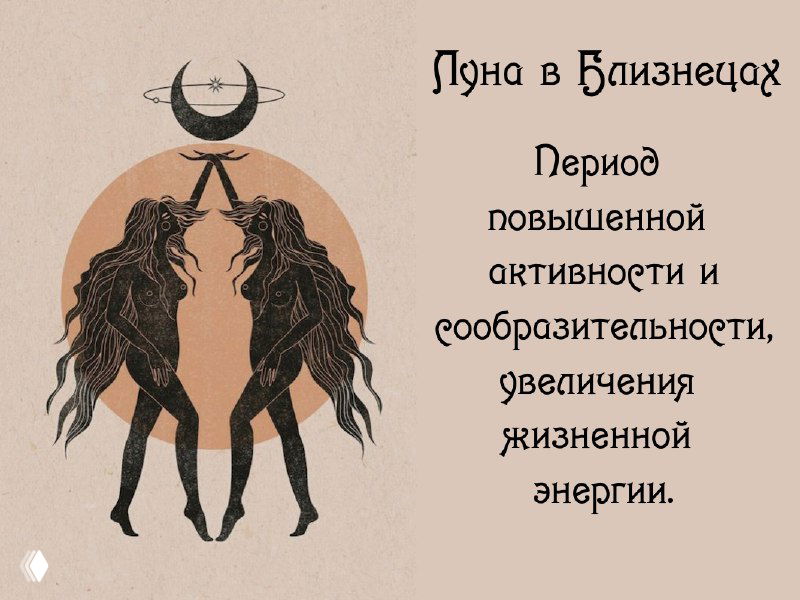 Иллюстрация: силуэты близнецов на фоне круглой композиции и полумесяца, декоративный фон и надпись «Луна в Близнецах»