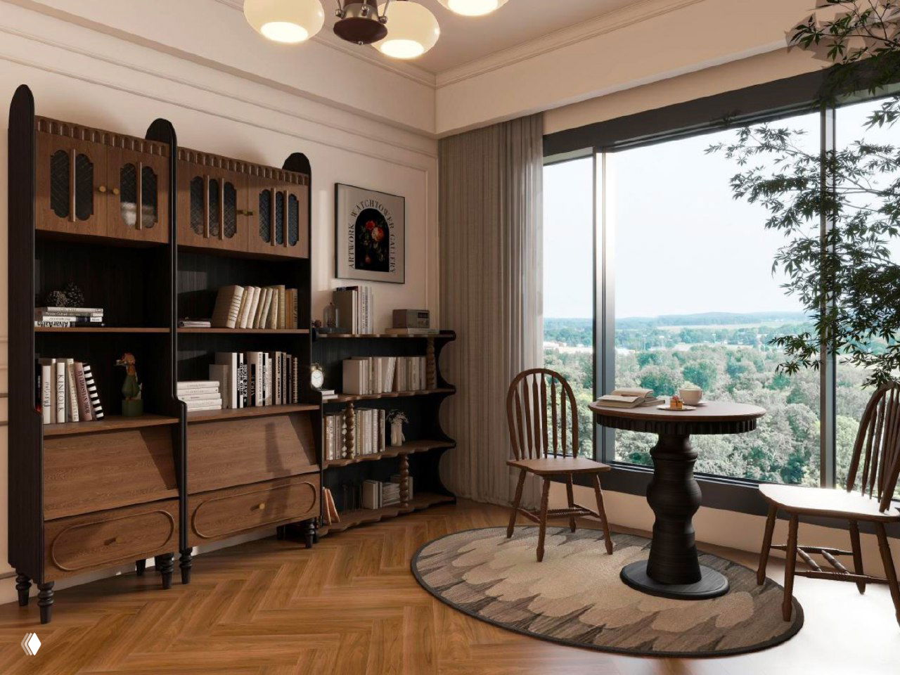 Фотография интерьера: деревянный сервант из ясеня у панорамного окна, с открытыми полками, книгами и круглым столом рядом.