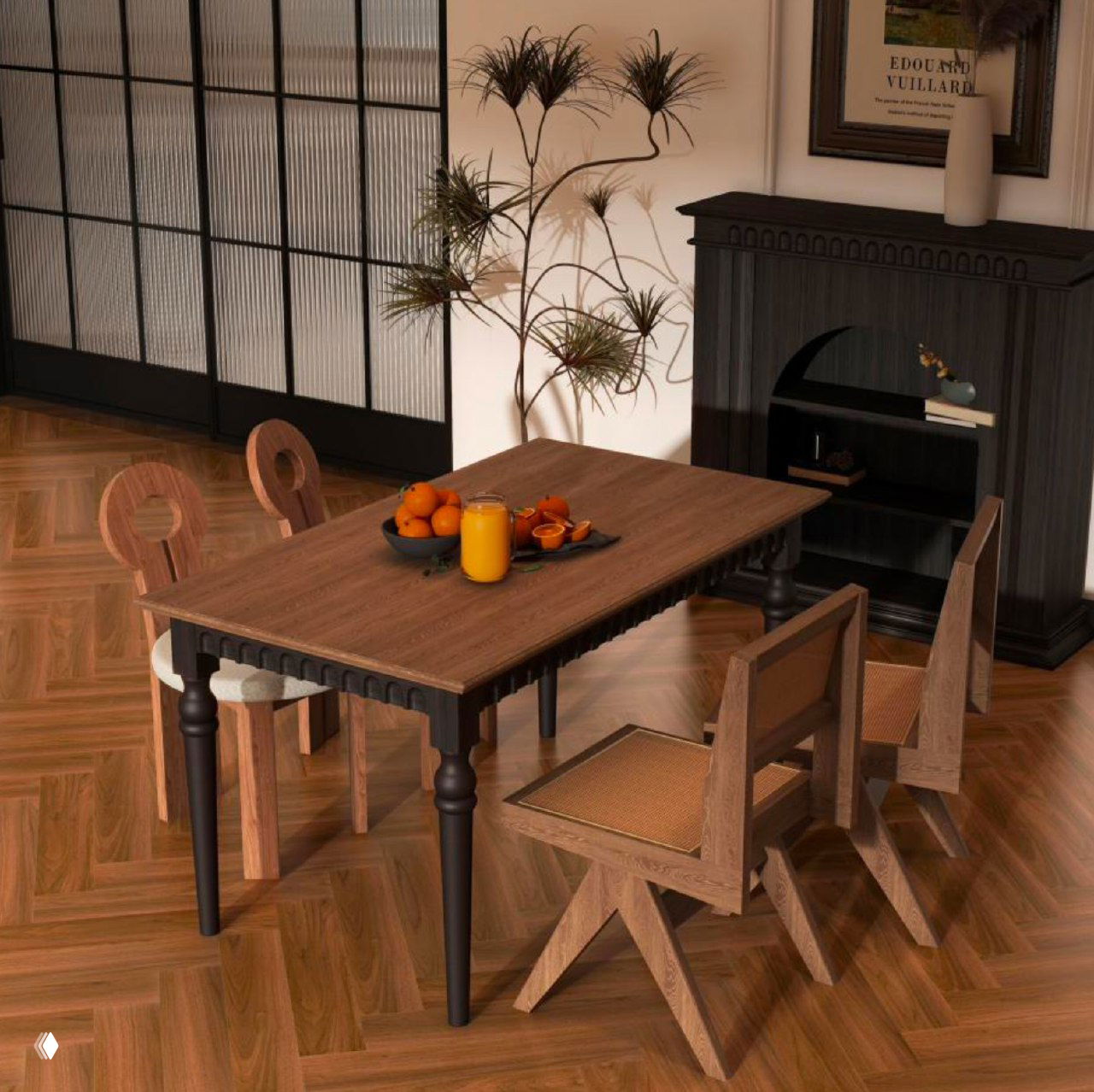 Деревянный обеденный стол из массива ясеня в светлом интерьере, вид в угол: тёмные резные ножки, деревянные стулья, паркет.