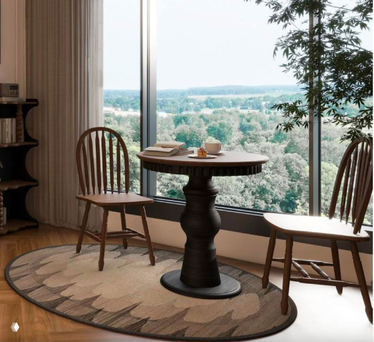 Круглый стол из массива ясеня у панорамного окна в светлом интерьере: тёплая древесная текстура, массивная центральная ножка и два деревянных стула.