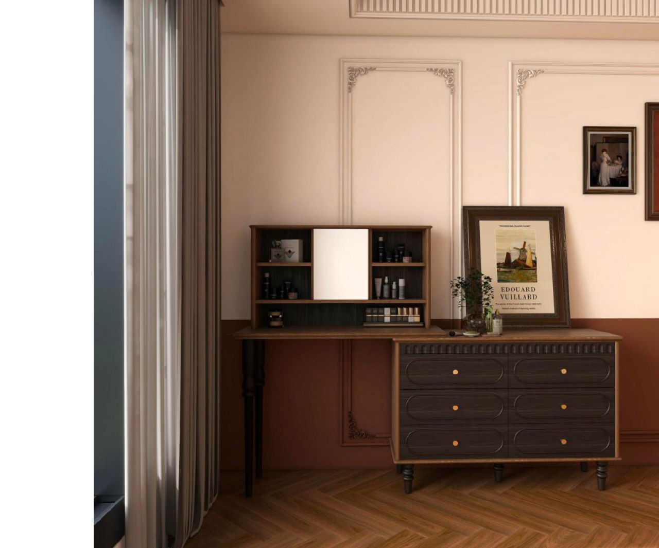 Изображение туалетного столика из массива ясеня в интерьере: столешница с зеркалом, открытые полки и комод с ящиками.