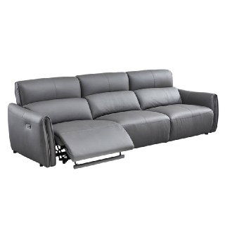 Серый диван Cowhide на белом фоне, вид сбоку с поднятой ногой реклайнера и видимым механизмом.