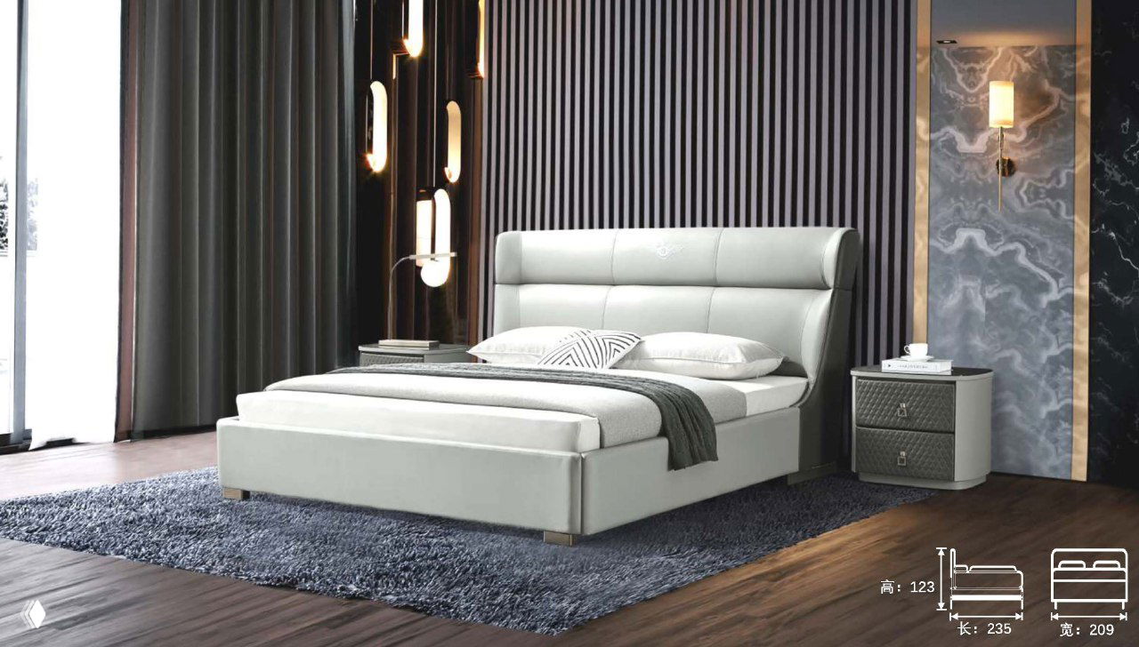 Светло-серая кожаная кровать в современной спальне на декоративном ковре, вид в интерьере с прикроватной тумбой и нанесёнными размерами 235×209×123 внизу изображения.