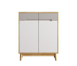 Комод для обуви из дуба с белыми фасадами, вид спереди: два дверных полотна, ножки, минималистичный дизайн для прихожей.