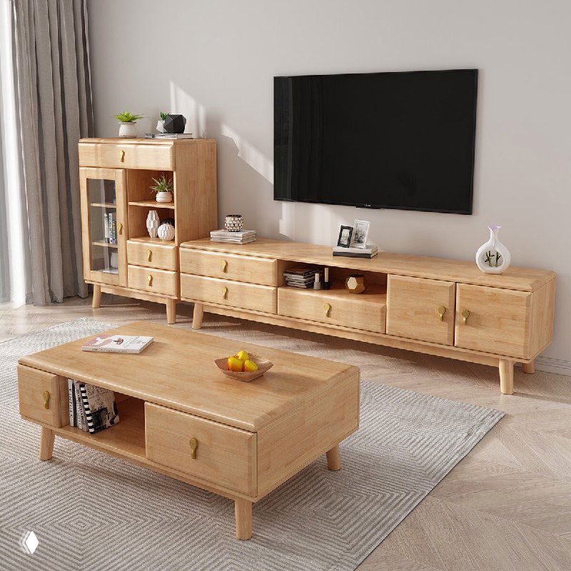 Интерьерная фотография мебели из массива дуба: тумба под телевизор и стол, видно натуральную текстуру и светлый тон.
