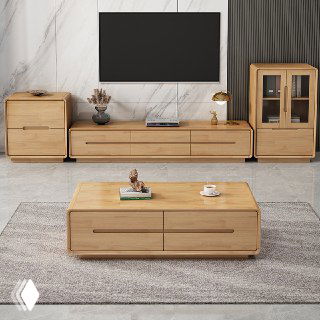 Изображение дубового шкафа и журнального столика в светлом интерьере: видна натуральная текстура и тёплый оттенок дерева.