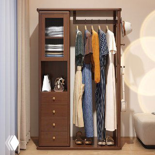 Фотография стойки для одежды из массива дуба в светлом интерьере: открытая штанга для вешалок, полки и ряд выдвижных ящиков.