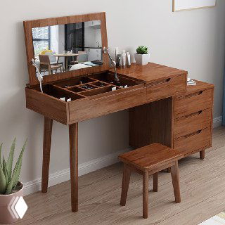 Туалетный столик из массива дуба в интерьере: поднятая крышка с отделениями для косметики, табурет и три выдвижных ящика.