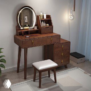 Туалетный столик из дуба с зеркалом и табуреткой, три ящика и декоративные ручки, интерьерная подсветка в спальне