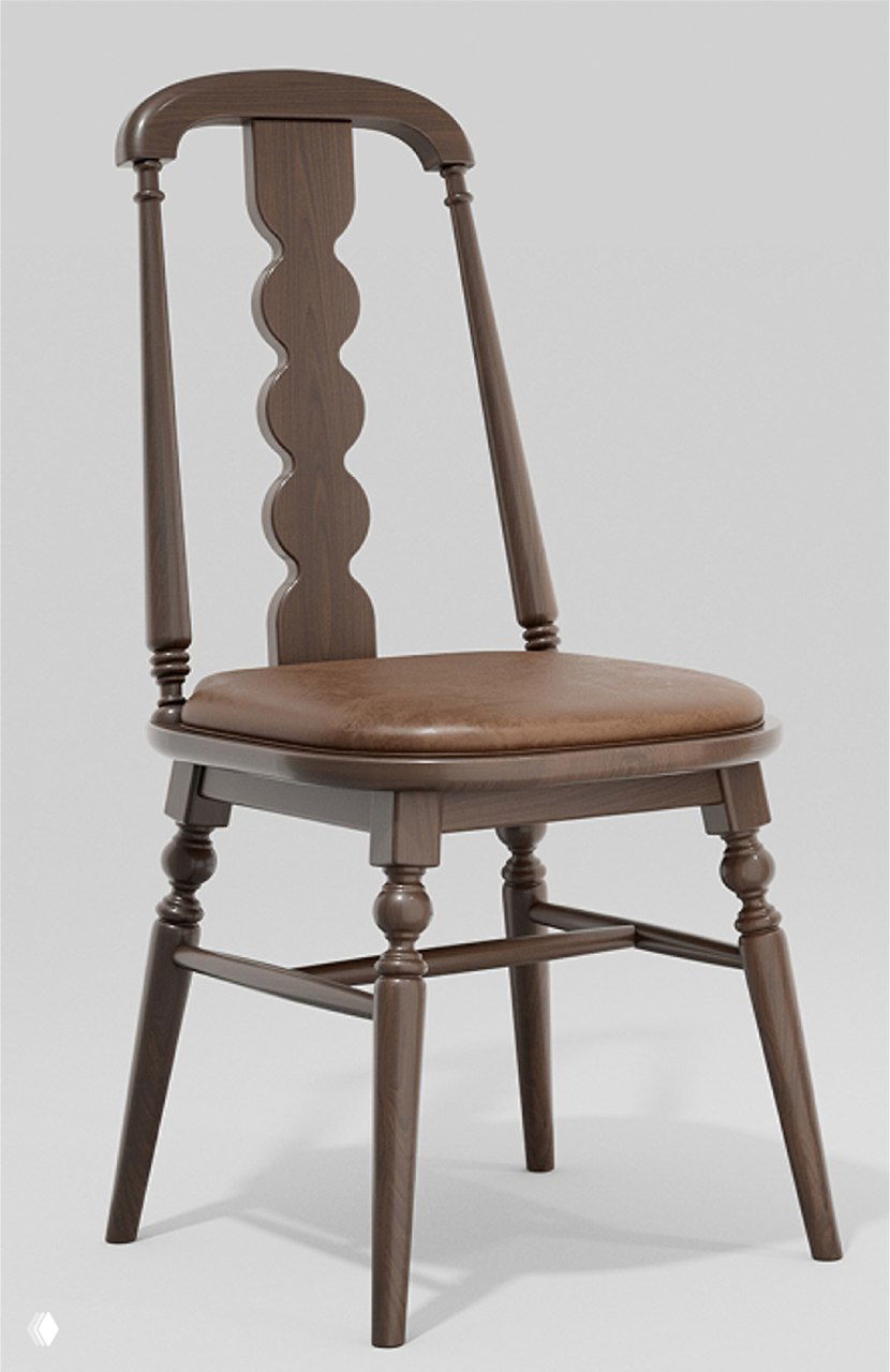 Изображение стула из массива дуба в коричневом цвете; видна натуральная текстура древесины, резная спинка и мягкое сиденье.