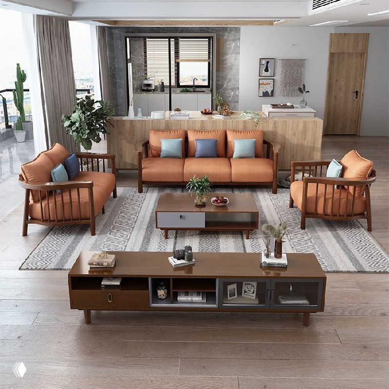 Гостиная с диваном из массива дуба тёплого оттенка, журнальным столиком и тумбой в светлом современном интерьере.