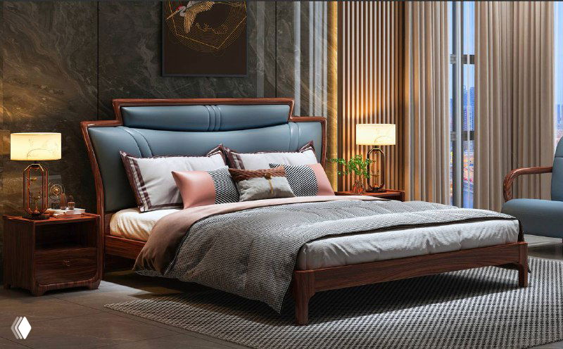 Интерьерный снимок кровати из массива дерева с обивкой из натуральной кожи; спальня в тёплых тонах, кровать показана в перспективе и окружении декора.
