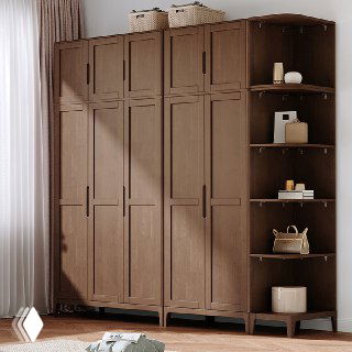 Фотография коричневого шкафа из массива дуба в интерьере у окна: филёнчатые фасады, открытые боковые полки и элементы декора.