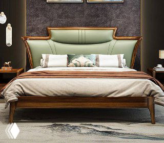 Крупный план центральной части кровати с кожаным изголовьем и деревянной панелью; видна отделка, строчка на обивке и обрамление из редкой породы Эбони.