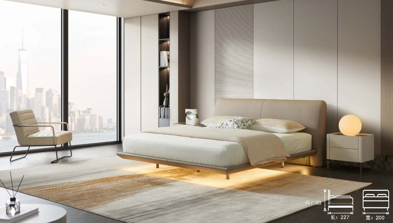 Современная двуспальная кровать в светлой спальне с бежевой кожаной обивкой, подсветкой основания, панорамными окнами и декоративным ковром.