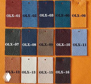 Панель с образцами цветовых вариантов кожи для выбора: прямоугольные пробники с маркировкой, показывающие доступные оттенки и зернистость материала.