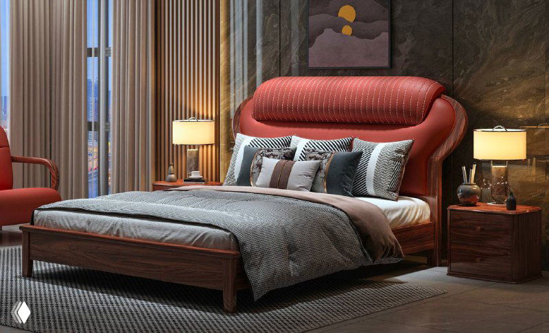 Спальная композиция: кровать с массивной деревянной рамой и красным мягким изголовьем в стильном интерьере, из твёрдой породы древесины.