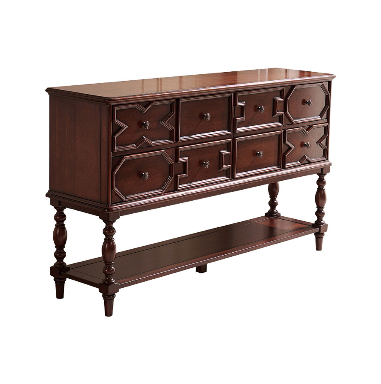 Изображение комода из массива дуба на светлом фоне: фасад с резными ящиками, нижняя полка и декоративные ножки, вид спереди.