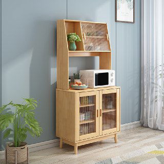 Фотография буфета из массива дуба в светлой комнате: двухсекционный шкаф с нижними прозрачными дверцами и открытой верхней нишей