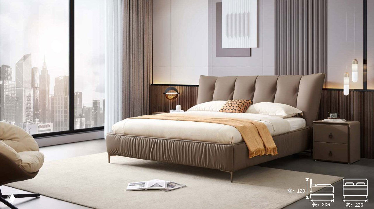 Элегантная кожаная кровать в бежевой гамме в современном интерьере спальни, рядом тумба и панорамное окно; указаны размеры 236×220×120.