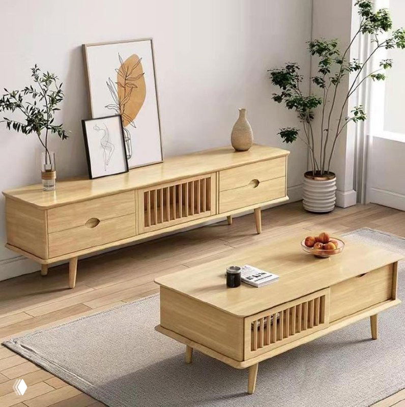 Журнальный столик из массива дуба в светлом интерьере: прямоугольный стол с решётчатой полкой, декор и растения рядом.