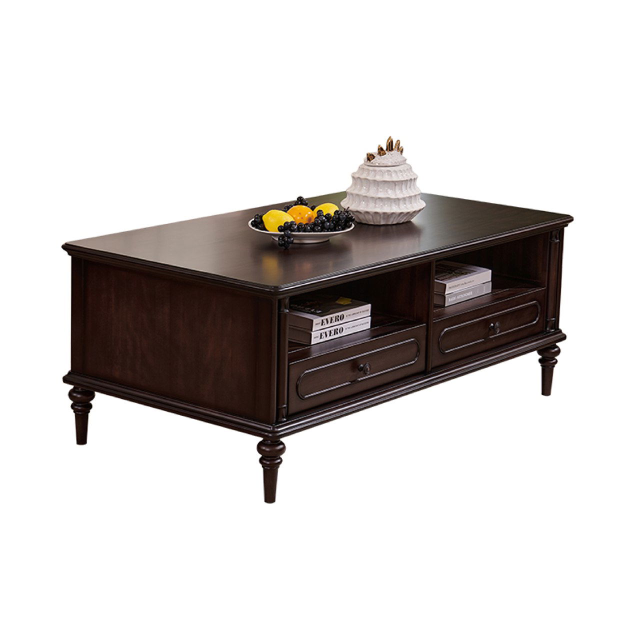 Фотография журнального столика из массива дуба в тёмной отделке с двумя нишами и выдвижными ящиками на ножках, вид в интерьере.